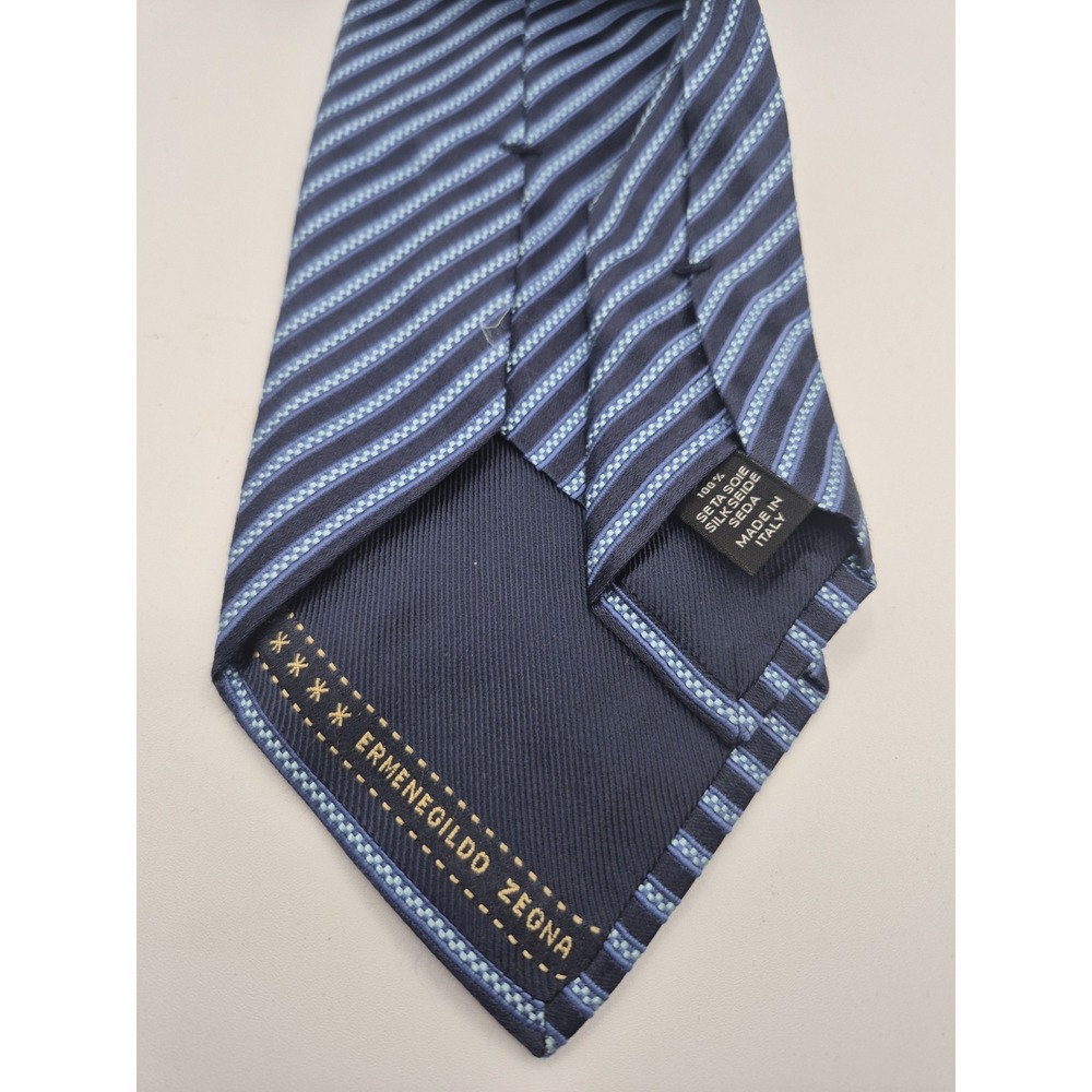 Ermenegildo Zegna Navy Blue Silk Stripe Tie Mens Formal Business - Picture 3 of 3